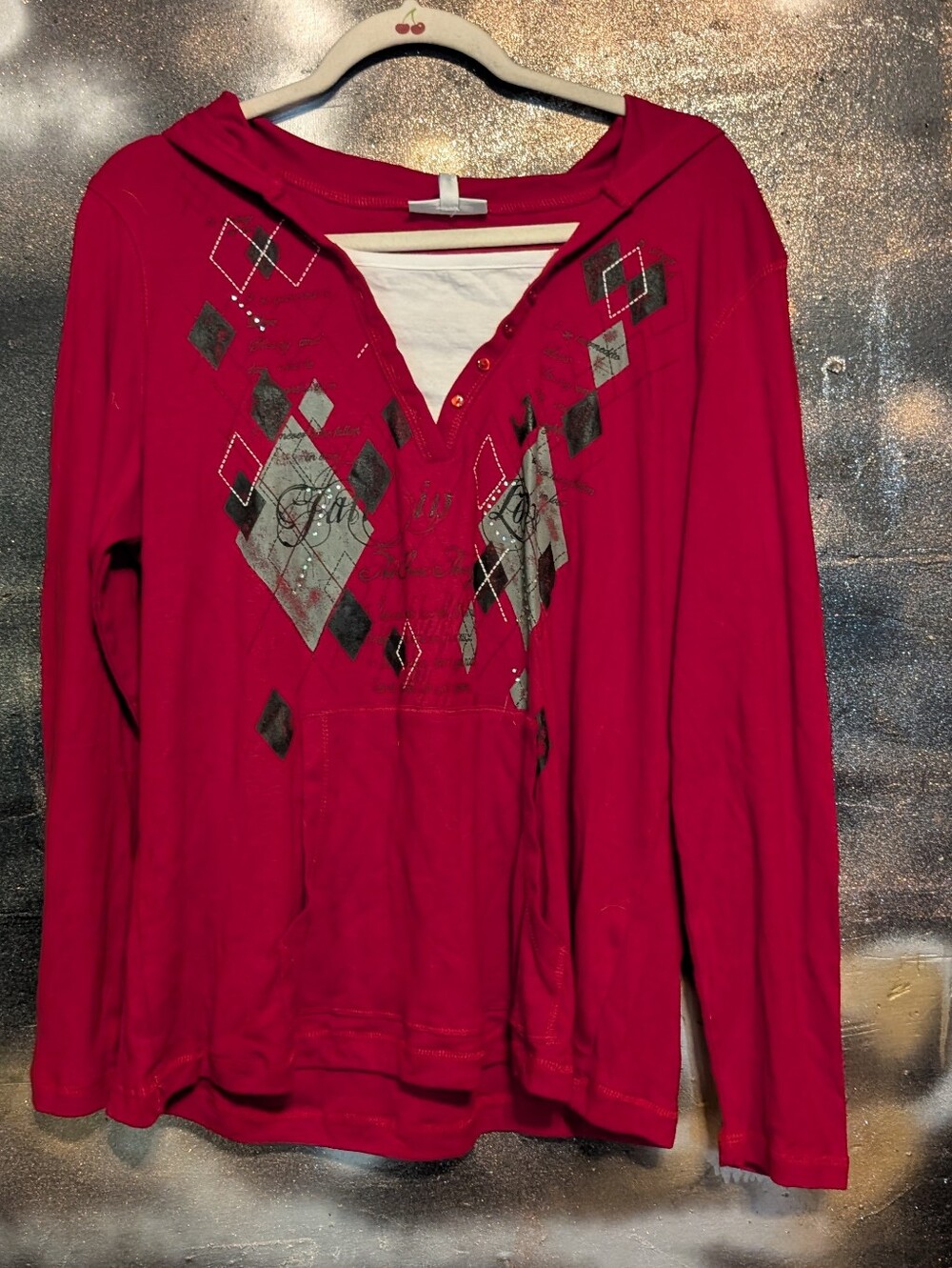 Women’s Hooded Argyle Print Long Sleeve Top - Red